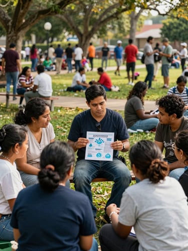 Neighbors gathered in a local park discussing over a printed infographic about water conservation, warm afternoon light, vibrant community setting.