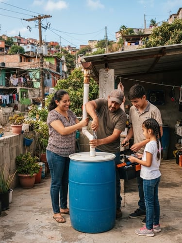 Medium shot of a Tijuana family installing a simple rainwater bucket system in their sunny patio, warm natural daylight, documentary style.