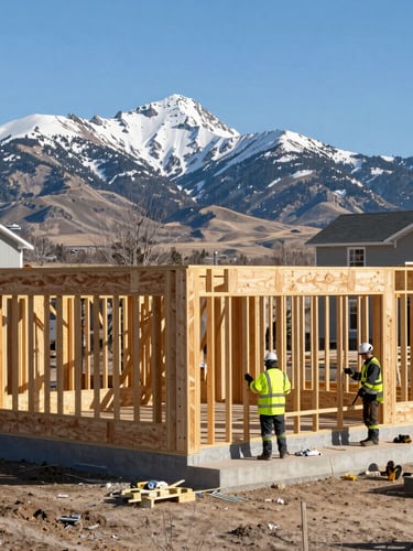 A professional Idaho building crew in clean safety gear working on an active residential framing site under crisp daylight, wide-angle structural shot, 35mm lens