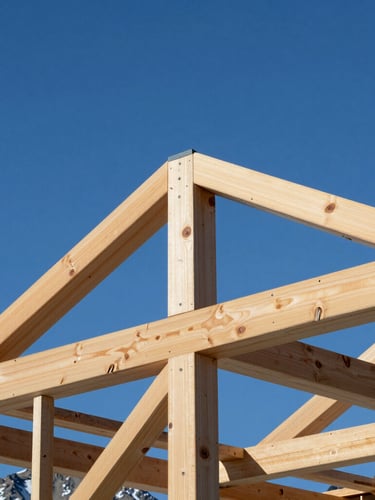Crisp architectural photography of raw framing timber and exposed structural beams against a bright blue Idaho sky, sharp focus, high contrast, 35mm lens