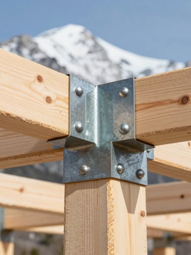 Close-up architectural photography of raw framing timber and heavy-duty steel joinery, bright natural mountain daylight, sharp focus, 35mm lens