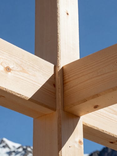 Extreme close-up of heavy timber joinery, raw framing wood grain, crisp mountain daylight, high contrast, sharp focus