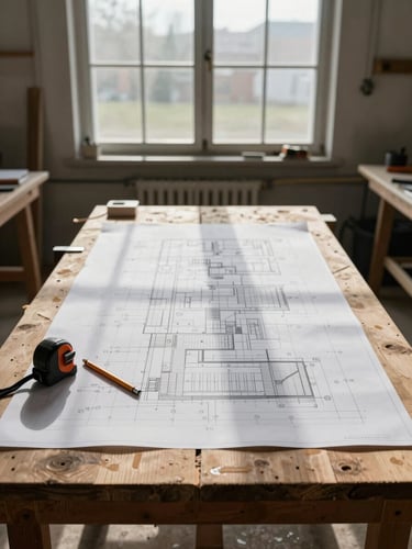 Wide architectural interior shot, straight-on framing — a large technical drawing spread flat on a raw timber workbench, a steel tape measure and pencil resting beside it, north-facing daylight entering from a high workshop window casting clean parallel shadows across the paper. No people, no lifestyle props. Documentary clarity.