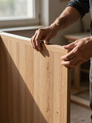 Portrait-format close-up of a craftsman's hands positioning a solid oak panel into a fitted cabinet carcass, natural daylight from a high side window casting a strong shadow line across the wood surface, workshop environment visible in soft focus behind, no face visible, no props