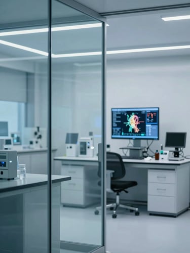 Sleek corporate photography of a modern medical research laboratory with glass partitions, soft cool lighting, a high-resolution diagnostics monitor displaying anatomical data in the background, sharp focus, 35mm