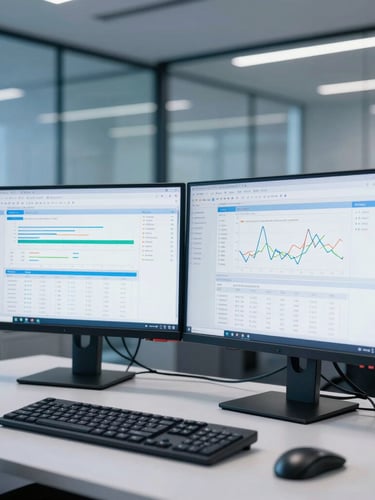 Sleek corporate photography of a dual-monitor developer setup showing clean, structured financial data algorithms, cool blue and white ambient light, sharp focus, 35mm