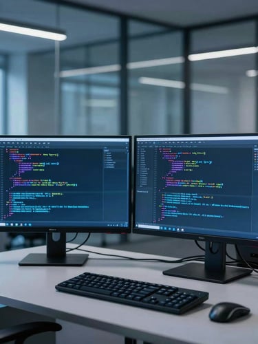 Sleek developer workstation setup with dual monitors showing glowing code structures, cool blue ambient lighting, sharp focus, 35mm photography