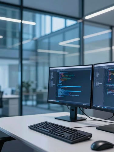 Sleek corporate photography, cool blue architectural lighting, modern glass office interiors, sharp focus, 35mm, developer setup with dual monitors showing clean code on the right