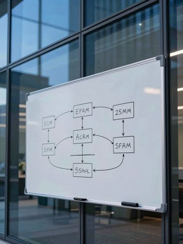 Modern glass office interior in Dallas at dusk, architectural blue lighting, whiteboard with technical system architecture diagrams, sharp focus, 35mm