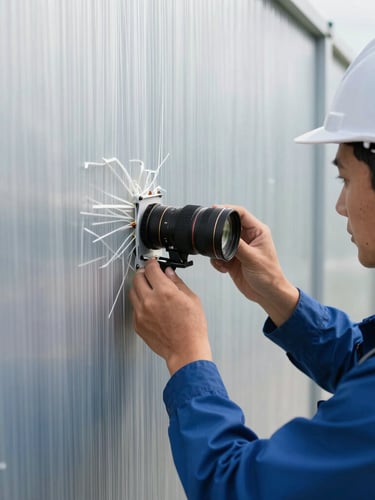 Close-up of a professional field engineer patching a high-density fiber panel, cool natural daylight, crisp details