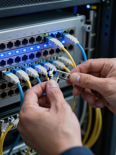 Close-up of a field engineer's hands patching a fiber optic cable in a server rack, cool blue LED status lights illuminating the ports.