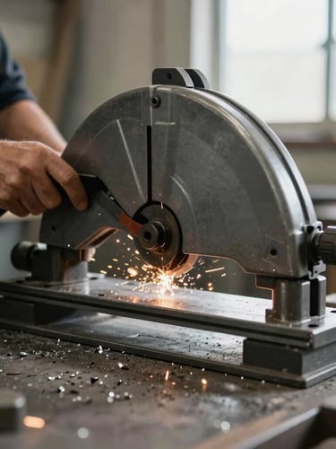 Close-up of a craftsman's hands operating a heavy metal band saw in a dusty industrial workshop, sparks and metallic shavings, soft natural light from a high window