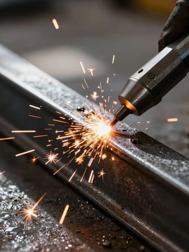 Close-up of bright orange sparks flying from a precision welding joint on a dark steel frame in a professional workshop, high-contrast dramatic natural light, raw industrial aesthetic