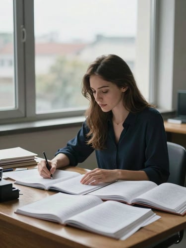 Wide environmental shot of a young woman seated at a cluttered wooden desk near a tall window, natural overcast light falling across open books and loose manuscript pages, her gaze directed downward at the text, unhurried and still