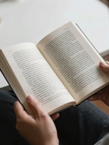 Hands holding an open novel, pages slightly curved, soft overcast light from above, close crop showing text on the page and the reader's wrists, candid and still