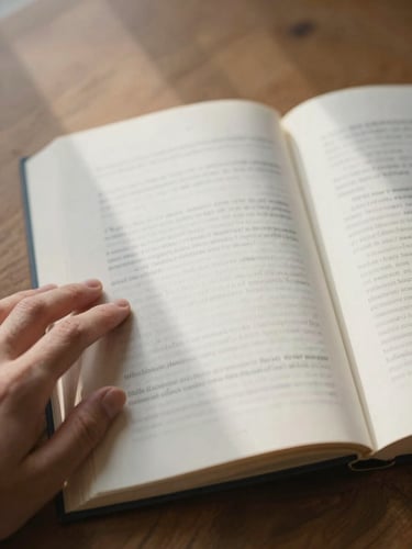 Close detail shot from above of open book pages on a wooden desk surface, a hand resting lightly on the left page, natural overcast window light raking across the paper grain, no text legible, quiet and functional