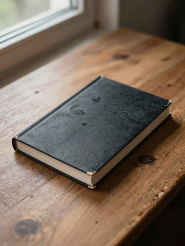 Single novel lying flat on a worn wooden desk, cover face-up, natural daylight from a window to the left, quiet and still, close environmental frame
