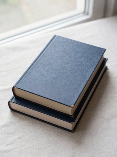 Close overhead shot of two hardcover books stacked on a pale linen surface, spines facing up, natural overcast window light, no shadows, spare and still
