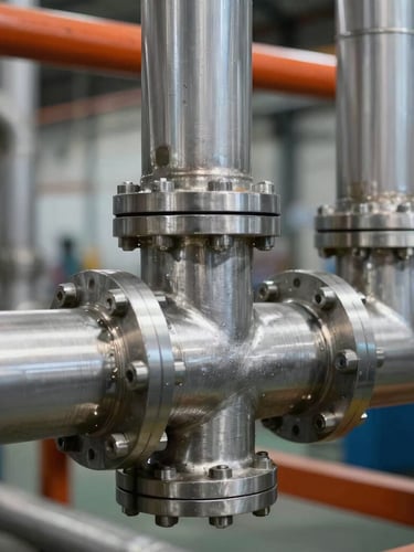 Close-up of industrial stainless steel pneumatic piping system with mechanical joints, clean factory background, 35mm lens