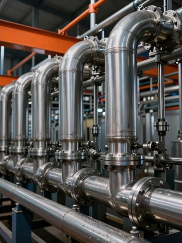 Wide industrial editorial photography, dramatic factory lighting with steel and safety orange tones, close-up of modern stainless steel pneumatic pipes in a clean food processing plant, 35mm lens