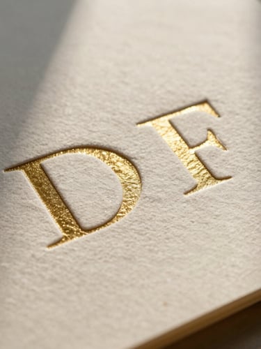 Extreme close-up of textured handmade paper with embossed foil lettering, soft morning light casting long gentle shadows across the cream surface.