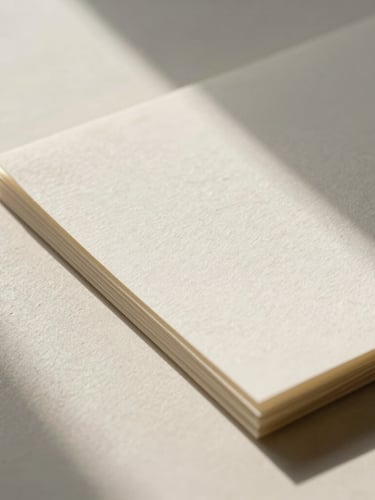 A close-up of textured handmade paper sheets stacked gently, casting long morning shadows on a soft cream plaster surface, minimalist and elegant.