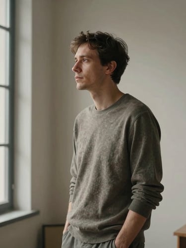 A quiet portrait of a creative director in a minimalist studio, soft side lighting from a tall window, neutral tones, thoughtful expression, warm shadows on a plaster wall.