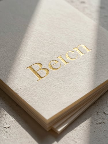 Extreme close-up of textured handmade paper sheets stacked delicately on a plaster surface, soft morning shadows casting long lines, elegant serif typography debossed in gold foil, warm cream and blush tones.