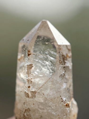 Close-up macro of a raw, clear quartz crystal showing natural fractures and mineral textures, illuminated by soft, diffused morning sunlight, minimalist composition, shallow depth of field, high-end editorial photography.