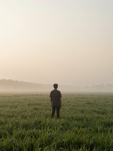 A solitary figure standing quietly on a misty, expansive green field at dawn, looking towards a soft horizon, calm atmosphere, muted earth tones, high-end editorial photography.
