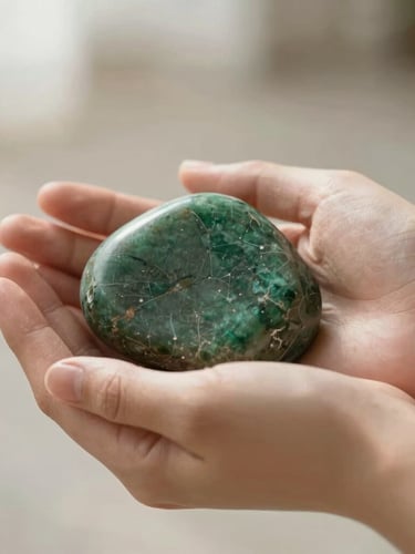 Intimate close-up of relaxed hands holding a smooth, raw forest-green stone, soft morning light, shallow depth of field, high-end editorial style