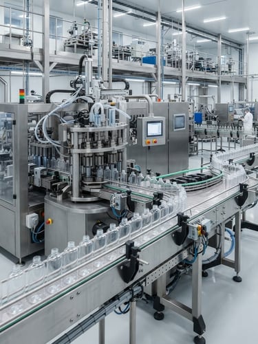 Wide shot of automated blow molding machinery on a clean factory floor, producing clear pharmaceutical bottles, bright industrial lighting, technical angles.