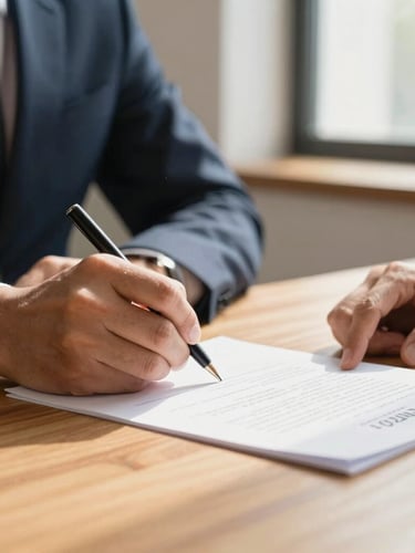 Close-up of hands signing documents on a warm wooden table, soft natural daylight filtering through a window, professional and calm atmosphere, shallow depth of field