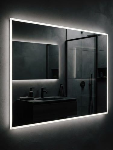 Macro close-up of a smart LED mirror emitting soft shadow-free white light, reflecting sharp architectural lines of a dark charcoal bathroom, 35mm