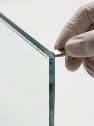 Extreme close-up of a diamond-polished glass edge being carefully aligned by a professional technician wearing safety gloves, clean reflections, bright natural daylight, architectural precision