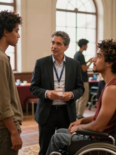 Warm editorial photography of a corporate sponsor representative talking with a disabled theatrical performer backstage in a São Paulo cultural center, soft natural daylight, rich inclusive tones, authentic setting, shallow depth of field.