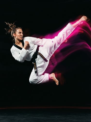Dynamic low angle shot of a taekwondo athlete executing a high kick mid-air, dramatic high-contrast key lighting, deep black background with electric fuchsia light trails, sharp action freeze-frame, 35mm
