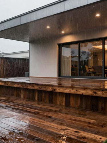 Side profile of a raised wooden deck during a heavy downpour. The upper deck is visibly wet and dripping, while the lower patio is completely dry, finished with clean aluminum ceiling panels and warm recessed lighting.