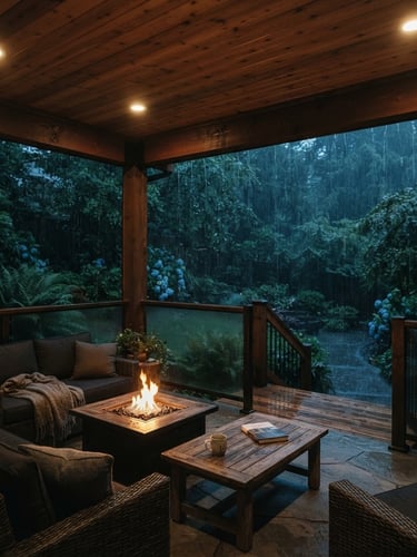 Wide environmental 35mm architectural photograph of a finished under-deck patio during an active rainstorm. Looking out from the dry patio with warm artificial ceiling lights turned on into a wet, moody green garden. Rich desaturated tones.