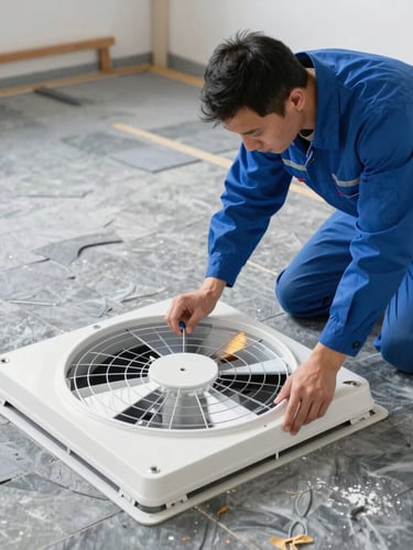 A professional trade technician in a clean blue uniform installing a modern white underfloor extraction fan inside a clean, dry subfloor space, illuminated by high-contrast work lights.