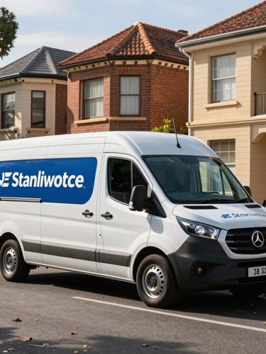 A professional service van with clean branding parked on a leafy residential street in Stanmore Sydney, historic terrace houses in the background, bright afternoon sun.