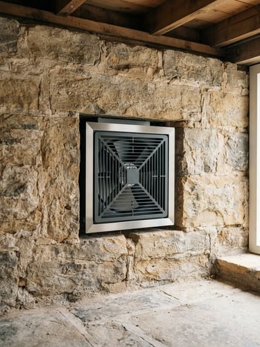 Sleek modern underfloor extraction fan installed neatly in a clean heritage sandstone foundation, bright daylight, sharp commercial photography