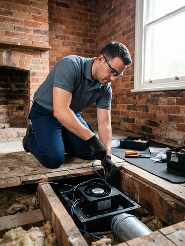 A sharp commercial photograph of a clean, professional technician installing an underfloor extraction fan in a heritage brick home, bright natural daylight, 35mm lens.