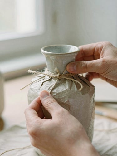 Close-up of hands carefully wrapping a ceramic vase in textured paper and natural twine, soft morning light, shallow depth of field, tactile packaging.