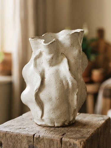 Close-up of a sculptural ceramic vase with an off-white glaze on a wooden plinth, soft morning window light creating natural shadows, shallow depth of field, warm editorial photography.