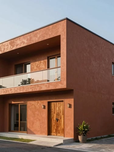 Fasad bangunan rumah minimalis modern dua lantai dengan aksen terracotta dan kayu hangat, diterangi cahaya matahari pagi yang lembut dari sudut kanan.