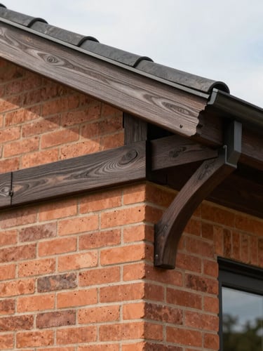 Close-up architectural detail of the house exterior, showing high-quality terracotta brickwork and dark wood finishes under bright daylight, elegant textures