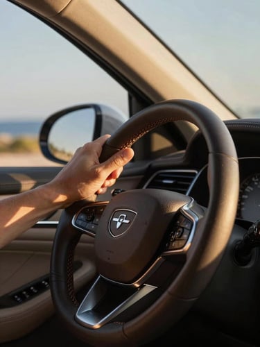 A close-up photograph of a driver's hand on the steering wheel of a luxury vehicle, warm Mediterranean sunlight streaming through the windshield, highlighting the premium leather stitching.