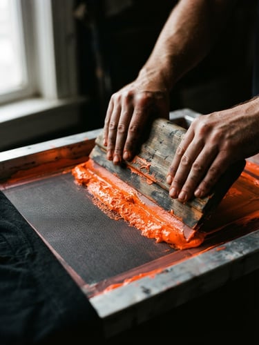 Close-up of hands holding a wooden squeegee, pushing vibrant neon orange ink through a screen mesh, gritty analog photography, natural side window light, high contrast ink textures, dark charcoal tones, 35mm