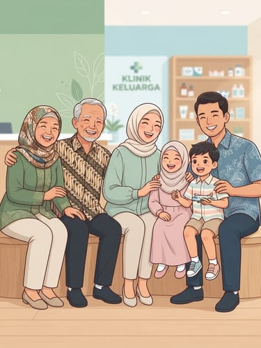 Vector illustration of a multi-generational Indonesian family with grandparents, parents, and children smiling together in a warm green and pastel clinic environment, soft daylight.
